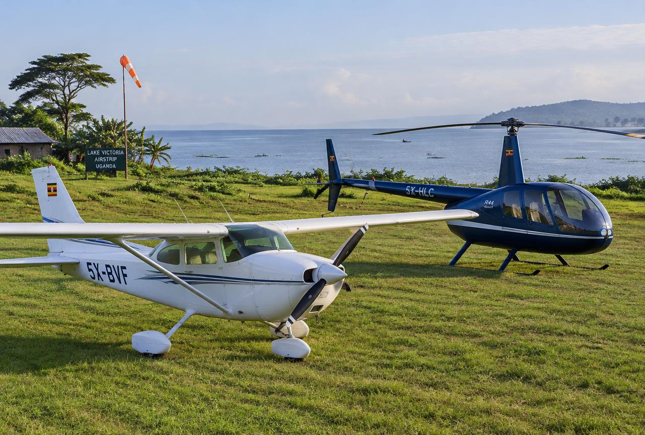 Light aircraft and helicopter at a Ugandan airfield