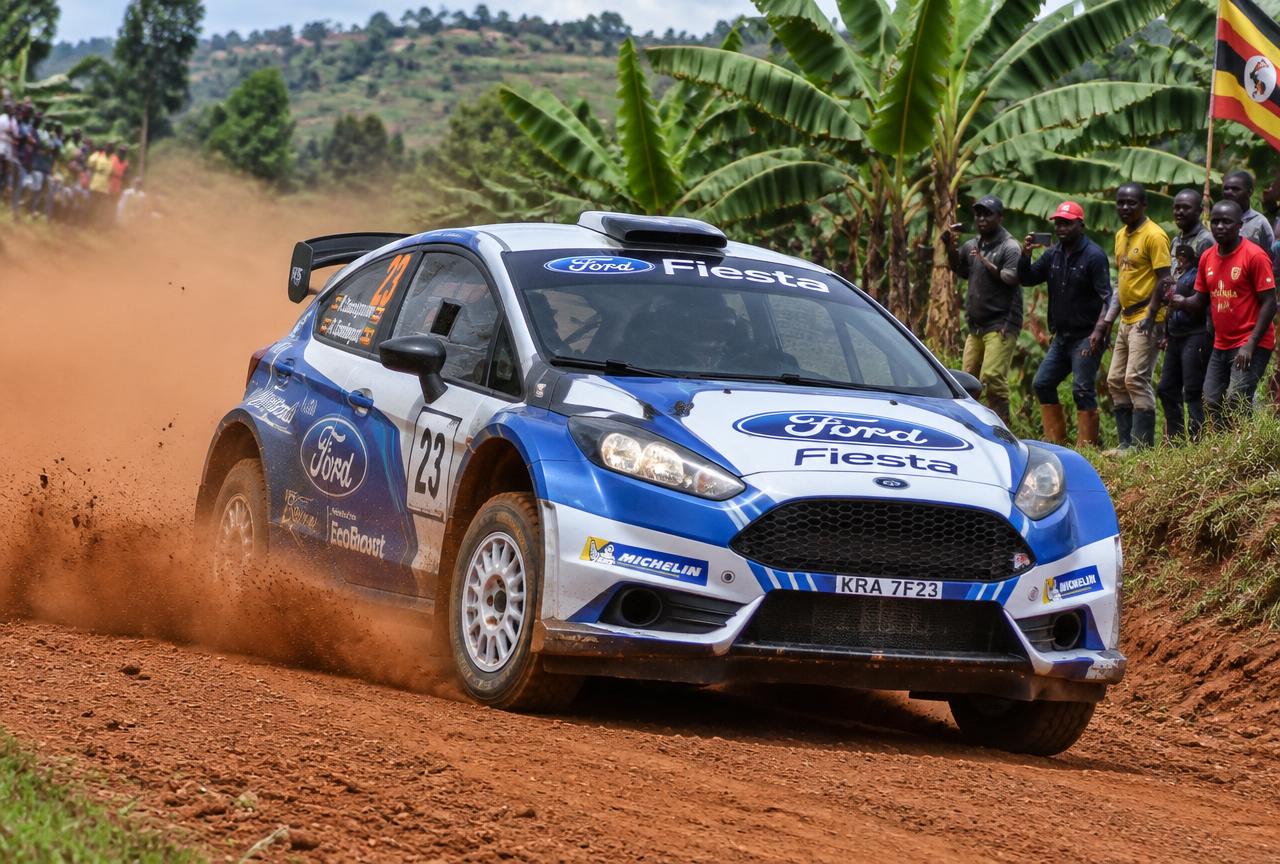 Ford Fiesta rally car on a Ugandan dirt road